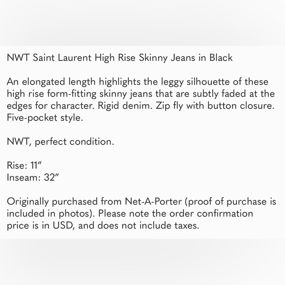 NWT Saint Laurent High Rise Skinny Jeans in Black - Picture 13 of 13